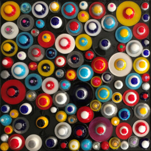 ciclo i festosi, cm 70x70, semisfere e cerchi in resina su tavola, 2019