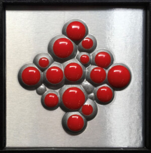 ciclo delle sfere, cm 32x32, resine e alluminio su tavola, 2019