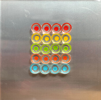 ciclo della cinetica rivisitata, cm 30x30, semisfere in resina e dibond, su tavola, 2019