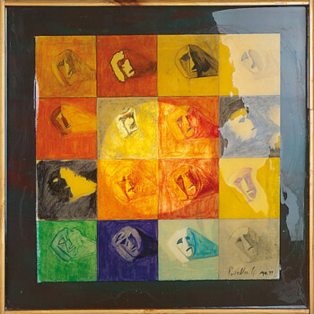 1999, dipinto su cartoncino inglobato nella resina, su tavola, cm 41 x 41 I volti di Cydonia