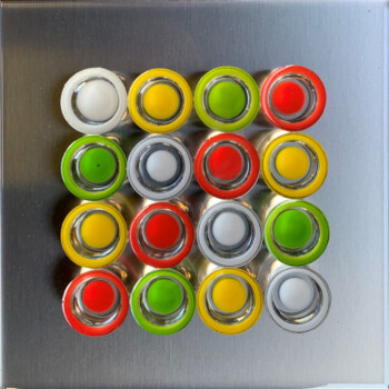 ciclo della cinetica rivisitata, cm 22x22, resine e acciaio, su tavola, 2021