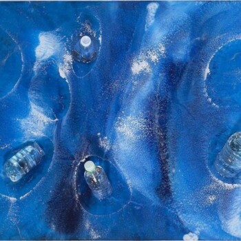 2012, resina, terre rare luminescenti, bottiglie in resina inglobate nella resina, su tavola, cm 140 x 70