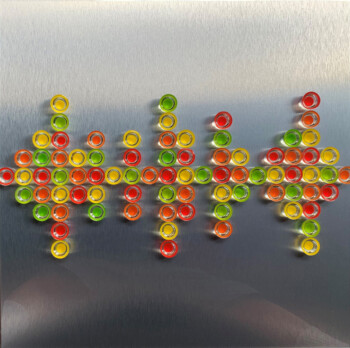 ciclo della cinetica rivisitata, cm 70x70, semisfere in resina e dibond, su tavola, 2020